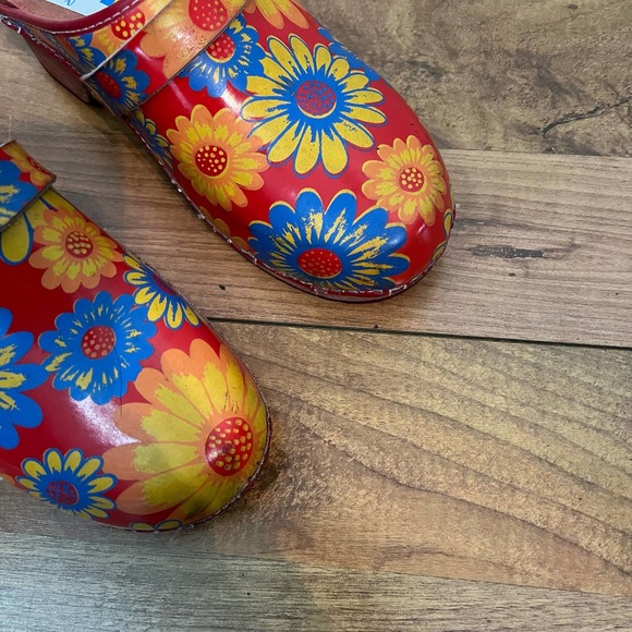 Moheda Toffeln Women's Real Leather Slip On Floral Wooden Clogs Sz 41 Multicolor - Picture 5 of 10